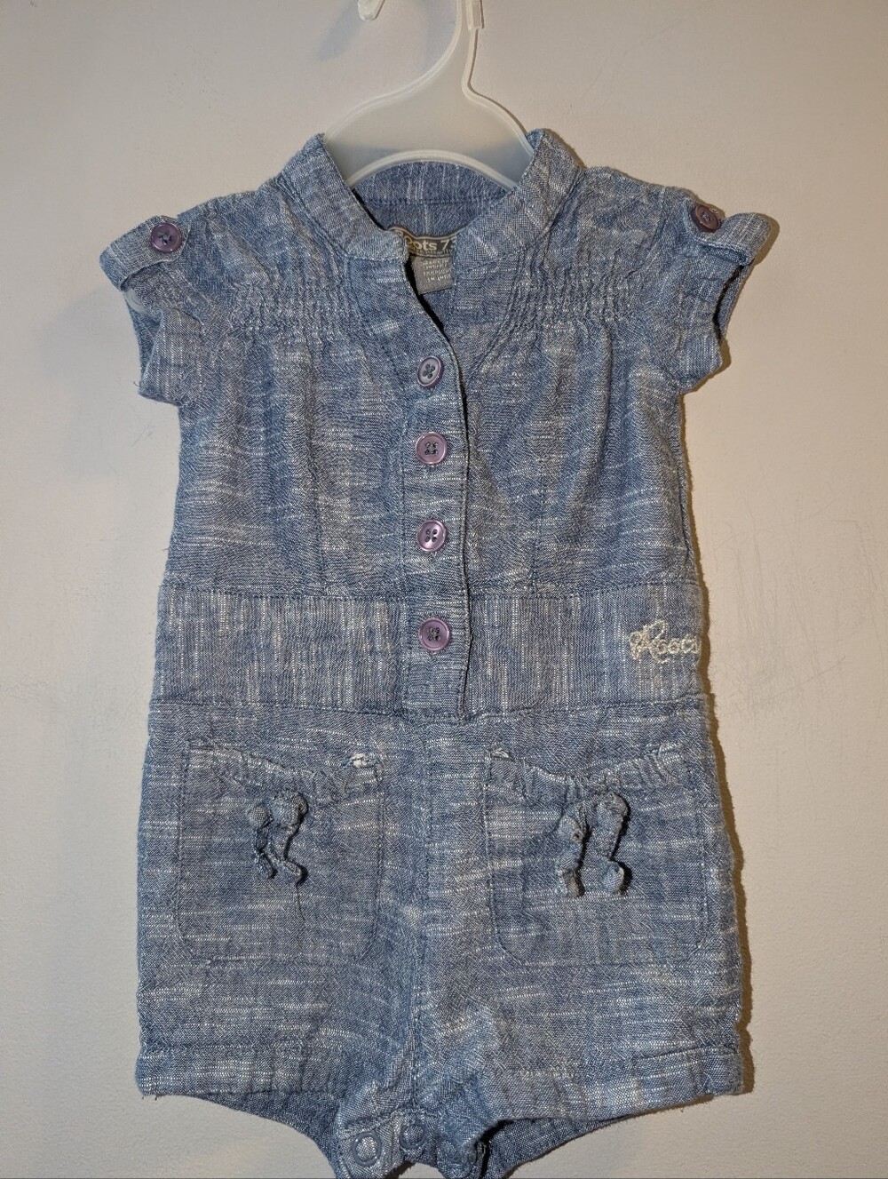 🩶 Roots Baby Girls Blue Heathered Chambray Romper Buttons Shirring Bows 3-6
